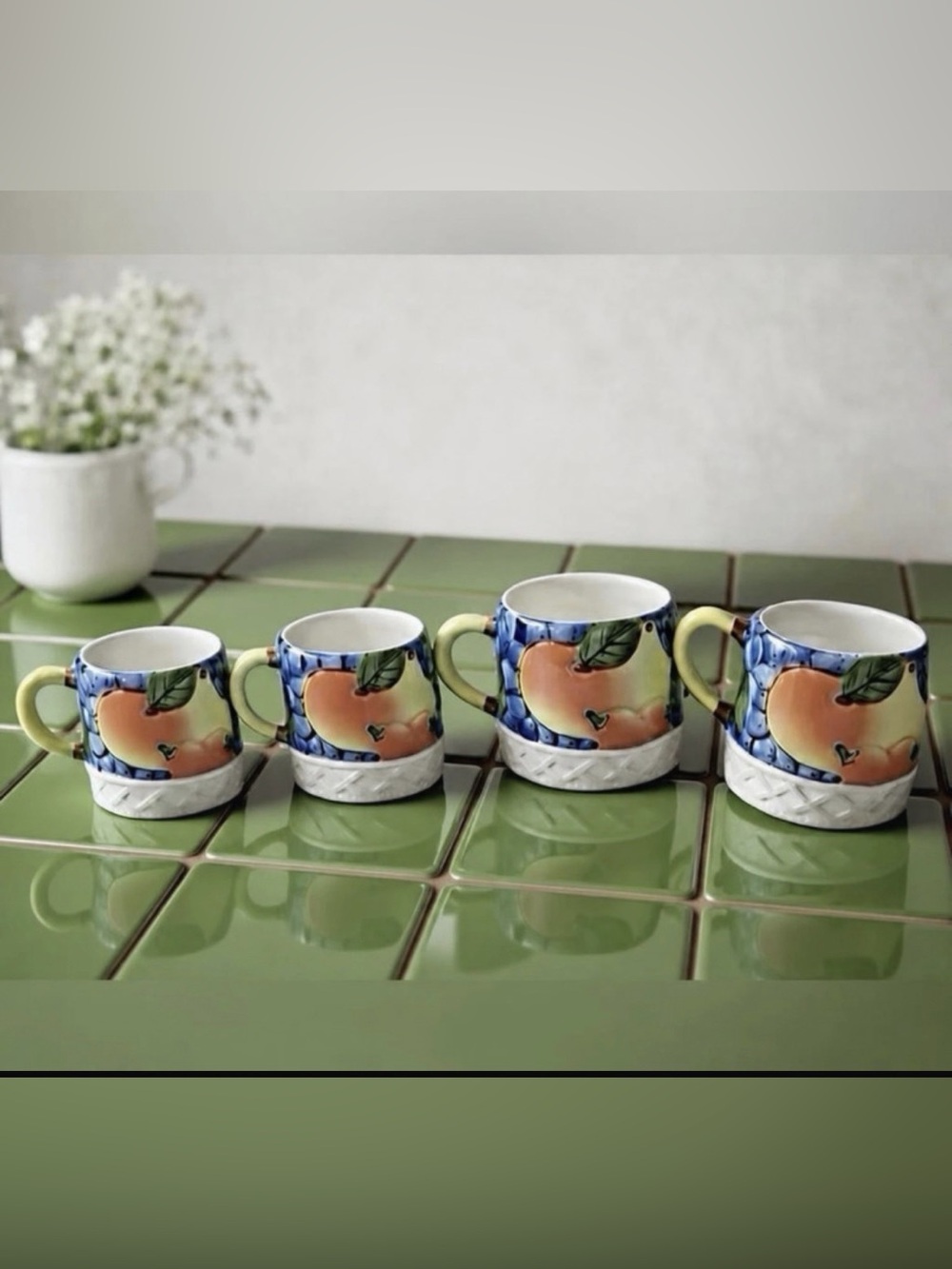 4 Ceramic Coffee Cups Embossed with Fruit in Bright Oranges, Yellows & Blues!